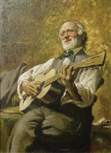 Painting: Man in Brown Suit Playing Guitar